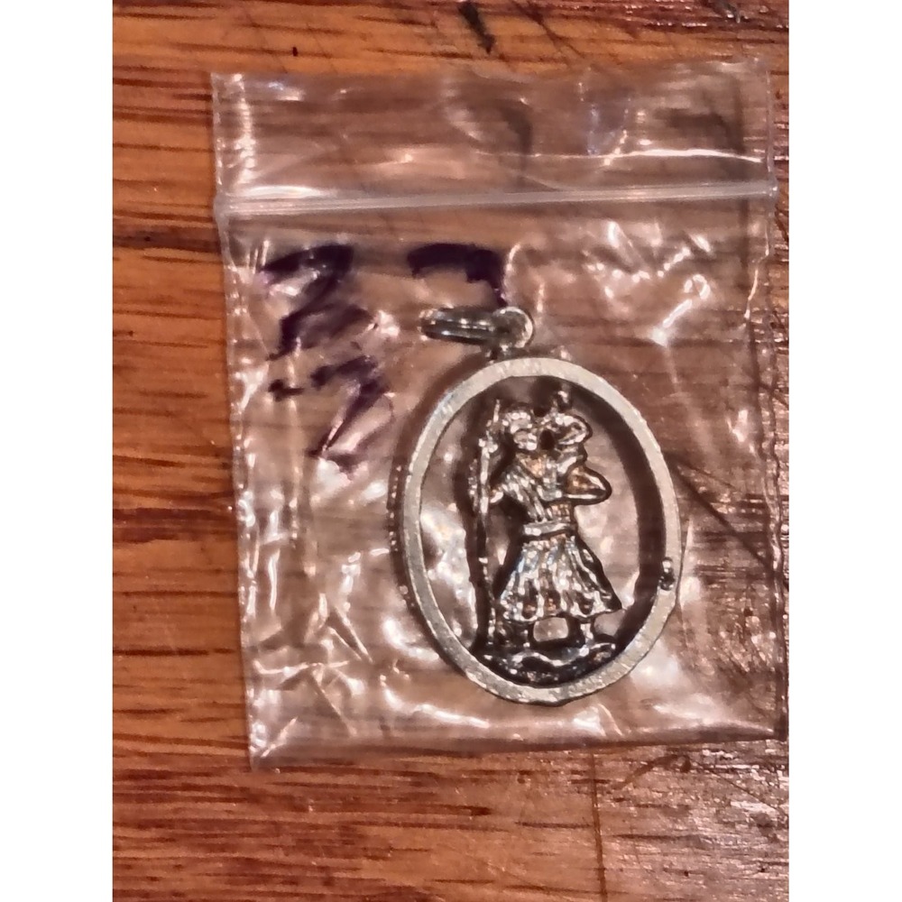 Saint Christopher Medal Pendant Silver Tone Cutout Oval Religious Charm Vintage